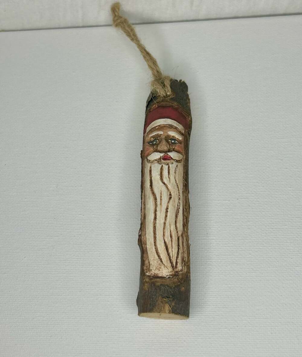 Handcarved Wooden Log Santa Face Christmas Ornament Rustic Folk Art